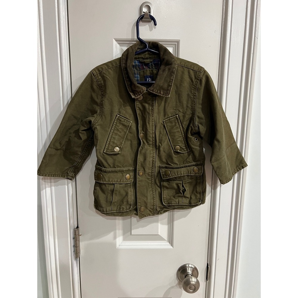 Baby Gap Toddler Boys Olive Green Barn Jacket Corduroy Collar Plaid Lined 18-24M